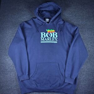 Vtg Zion Rootswear Men's Navy Bob Marley Reggae Graphic Pullover Hoodie Size 2XL